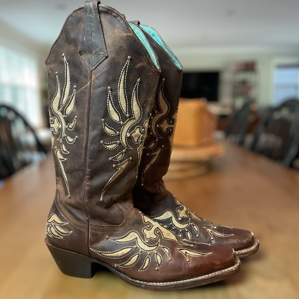 Sergal Brown Women’s Western Boots Gold Cutout Square Toe Size 7.5